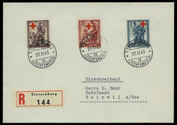 Rotes Kreuz 1945, kpl. Serie auf R-Ersttagsbrief von Triesenberg 27 ...